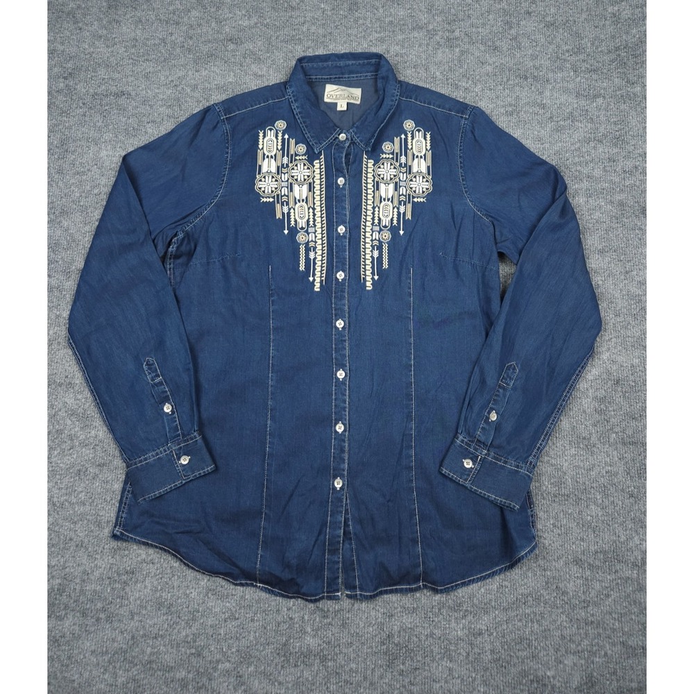 Overland Chambray Denim Embroidered Shirt Women's Large Blue Button Up Western